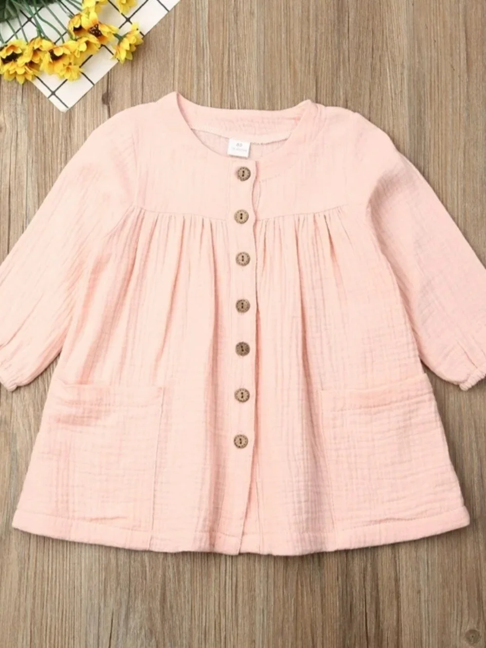Boho Girl Pink Muslin Cotton Long Sleeve Dress Pockets Button Up Tunic Sz 6-7Y
